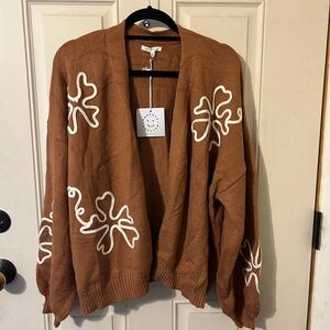 NWT Cozy Brown Cardigan with White Floral Accents